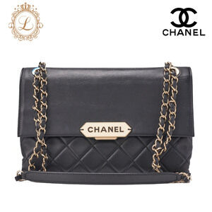 Chanel Matelasse Push Lock Logo Chain Shoulder Bag Black Lambskin